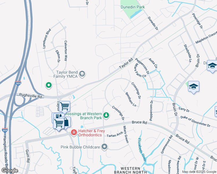 map of restaurants, bars, coffee shops, grocery stores, and more near 2938 Crossings Drive in Chesapeake