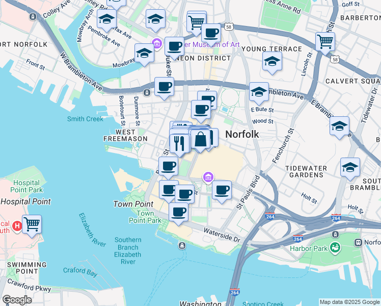 map of restaurants, bars, coffee shops, grocery stores, and more near 108 East Tazewell Street in Norfolk