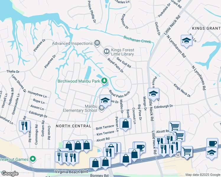 map of restaurants, bars, coffee shops, grocery stores, and more near 3624 Royal Palm Arch in Virginia Beach