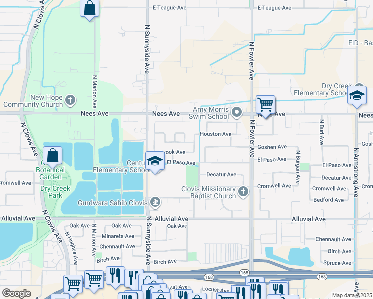 map of restaurants, bars, coffee shops, grocery stores, and more near 1554 Fallbrook Avenue in Clovis