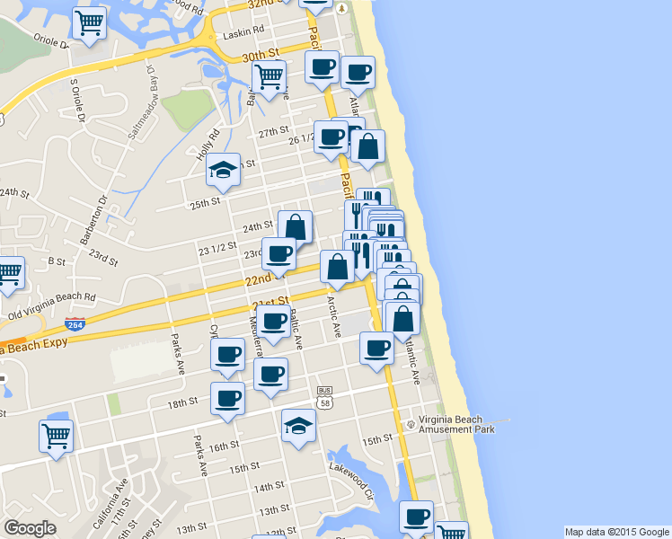 map of restaurants, bars, coffee shops, grocery stores, and more near in Virginia Beach