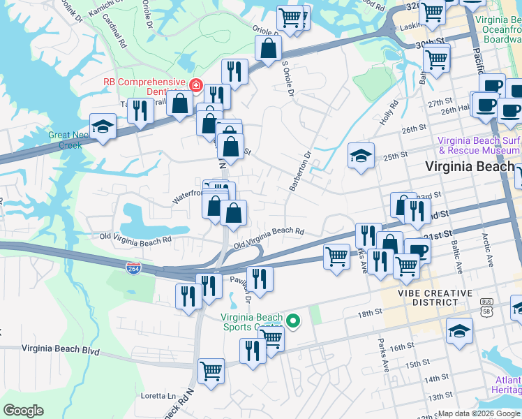 map of restaurants, bars, coffee shops, grocery stores, and more near 921 A Street in Virginia Beach