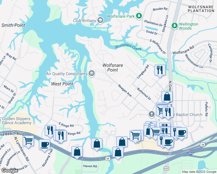 map of restaurants, bars, coffee shops, grocery stores, and more near 400 Falling Lane in Virginia Beach