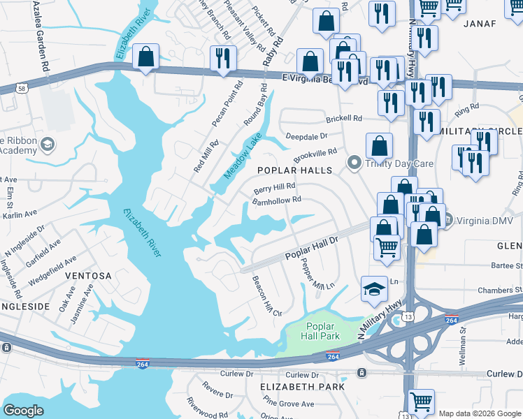 map of restaurants, bars, coffee shops, grocery stores, and more near 5417 Barnhollow Circle in Norfolk