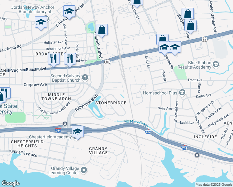map of restaurants, bars, coffee shops, grocery stores, and more near 3125 North Stonebridge Drive in Norfolk