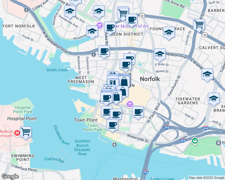map of restaurants, bars, coffee shops, grocery stores, and more near in Norfolk