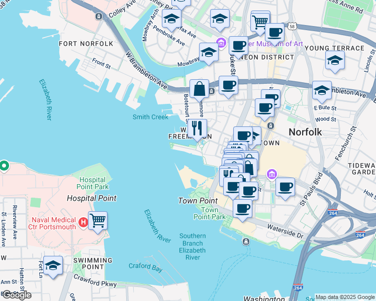 map of restaurants, bars, coffee shops, grocery stores, and more near 1 Waterside Drive in Norfolk