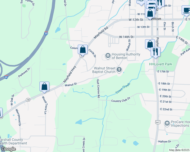 map of restaurants, bars, coffee shops, grocery stores, and more near 1701-1777 Walnut Street in Benton