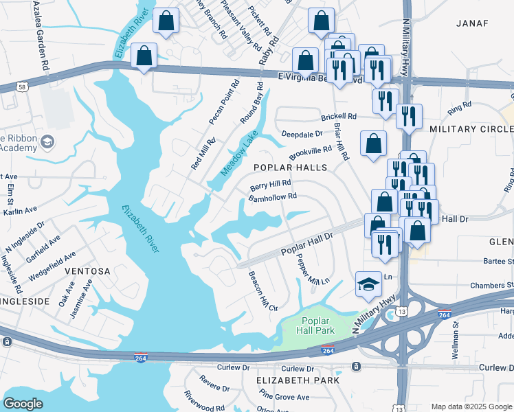 map of restaurants, bars, coffee shops, grocery stores, and more near 5417 Barnhollow Circle in Norfolk