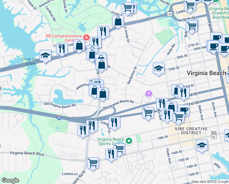 map of restaurants, bars, coffee shops, grocery stores, and more near 534 Pine Tops Court in Virginia Beach
