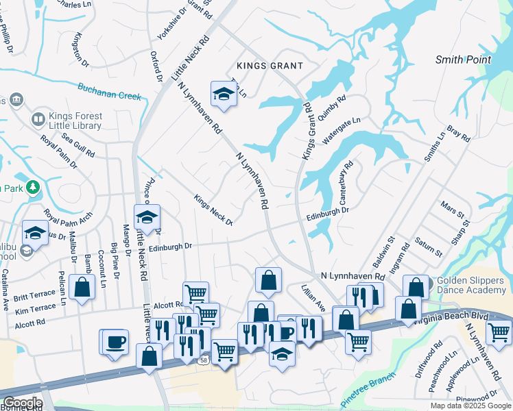 map of restaurants, bars, coffee shops, grocery stores, and more near 500 Cromwell Court in Virginia Beach