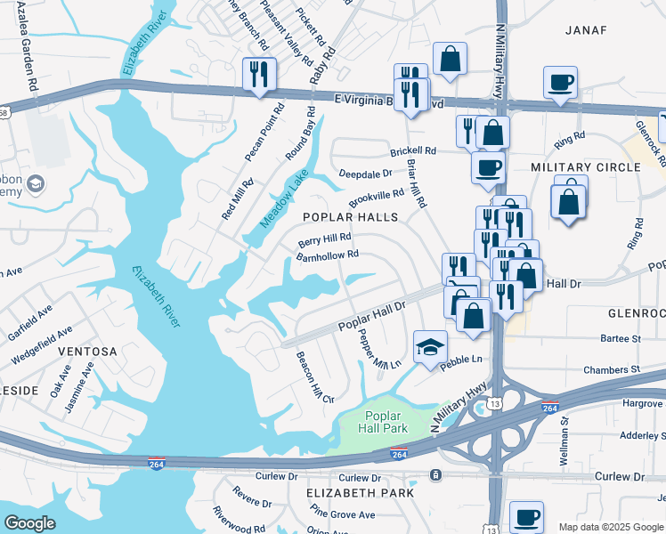 map of restaurants, bars, coffee shops, grocery stores, and more near 525 Duck Pond Road in Norfolk