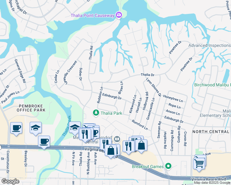 map of restaurants, bars, coffee shops, grocery stores, and more near 4128 Edinburgh Drive in Virginia Beach