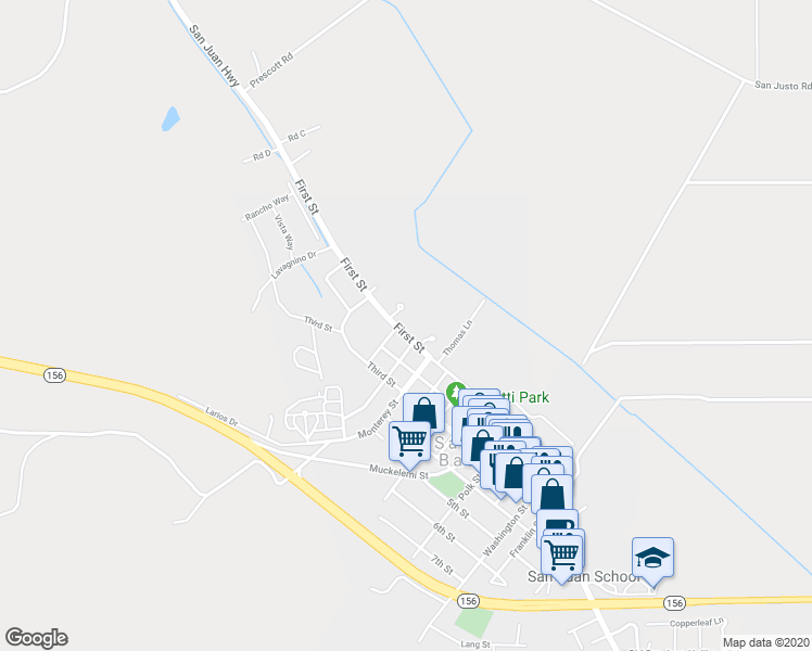 map of restaurants, bars, coffee shops, grocery stores, and more near 14 Vía Serra in San Juan Bautista