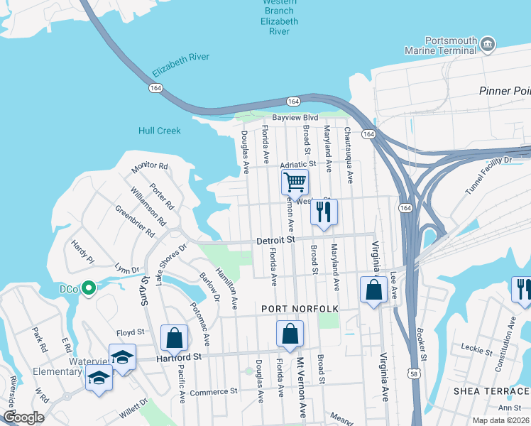 map of restaurants, bars, coffee shops, grocery stores, and more near 332 Florida Avenue in Portsmouth