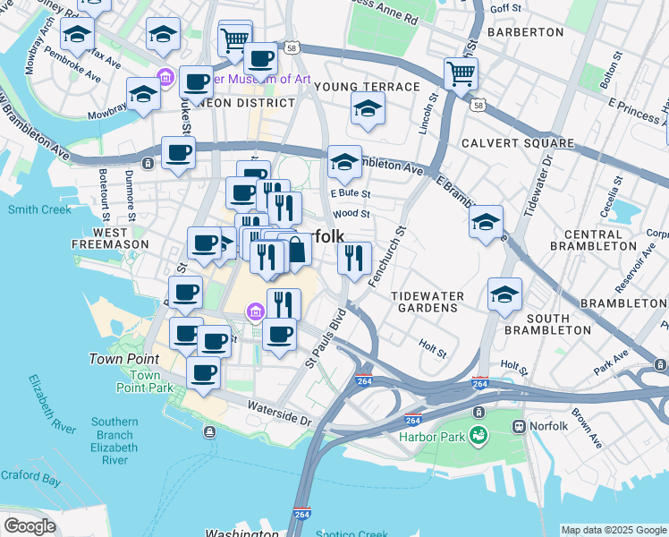 map of restaurants, bars, coffee shops, grocery stores, and more near 525 East Freemason Street in Norfolk