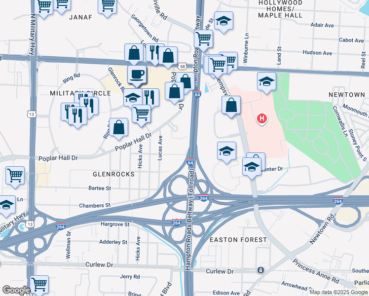 map of restaurants, bars, coffee shops, grocery stores, and more near 509 Yoder Avenue in Norfolk