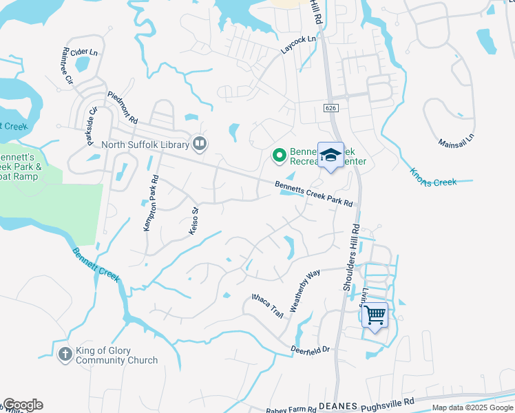 map of restaurants, bars, coffee shops, grocery stores, and more near 3608 Canal Turn Court in Suffolk