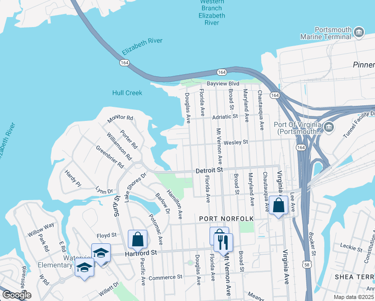 map of restaurants, bars, coffee shops, grocery stores, and more near 310 Douglas Avenue in Portsmouth