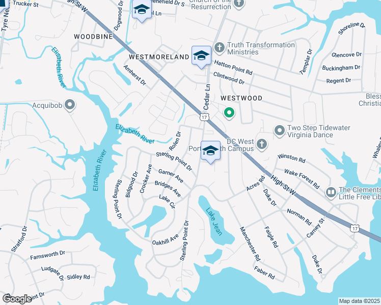 map of restaurants, bars, coffee shops, grocery stores, and more near 3101 Sterling Point Drive in Portsmouth