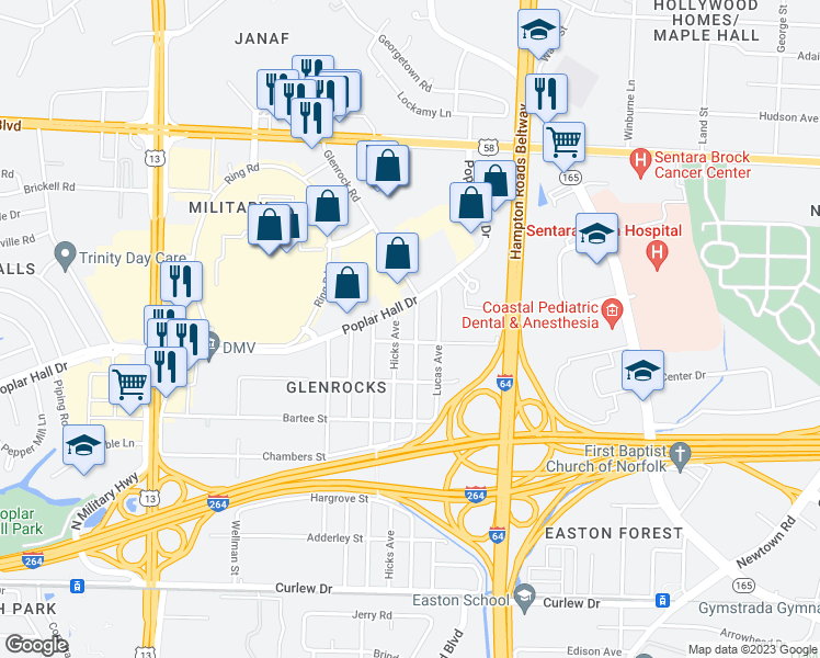 map of restaurants, bars, coffee shops, grocery stores, and more near 509 Glenrock Road in Norfolk