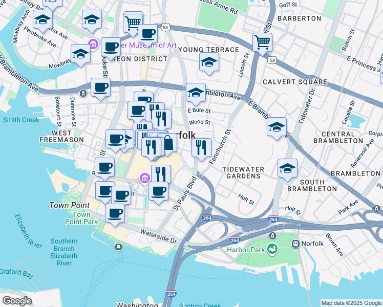 map of restaurants, bars, coffee shops, grocery stores, and more near 525 East Freemason Street in Norfolk