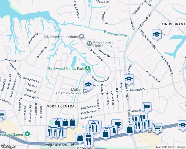 map of restaurants, bars, coffee shops, grocery stores, and more near 3624 Royal Palm Arch in Virginia Beach