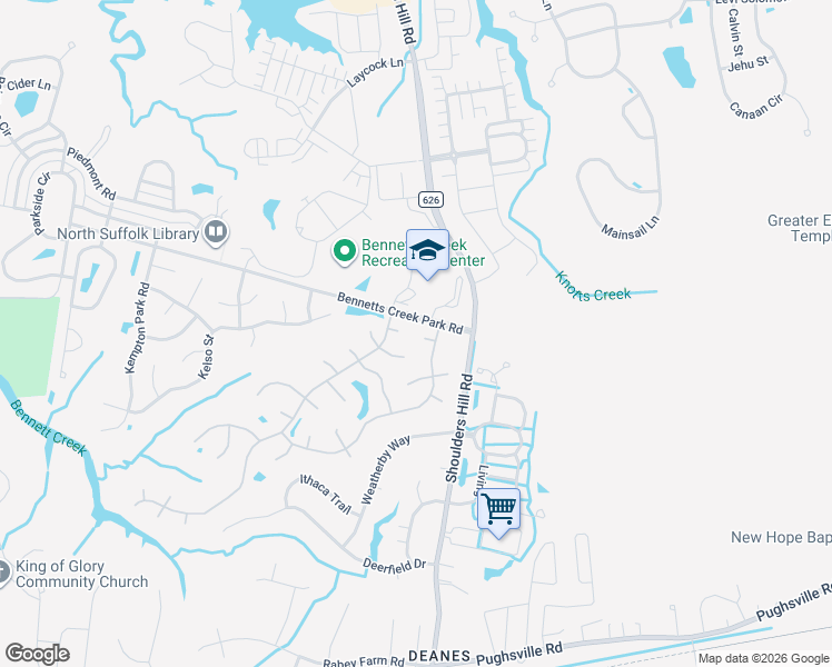 map of restaurants, bars, coffee shops, grocery stores, and more near 3606 Pacers Place in Suffolk