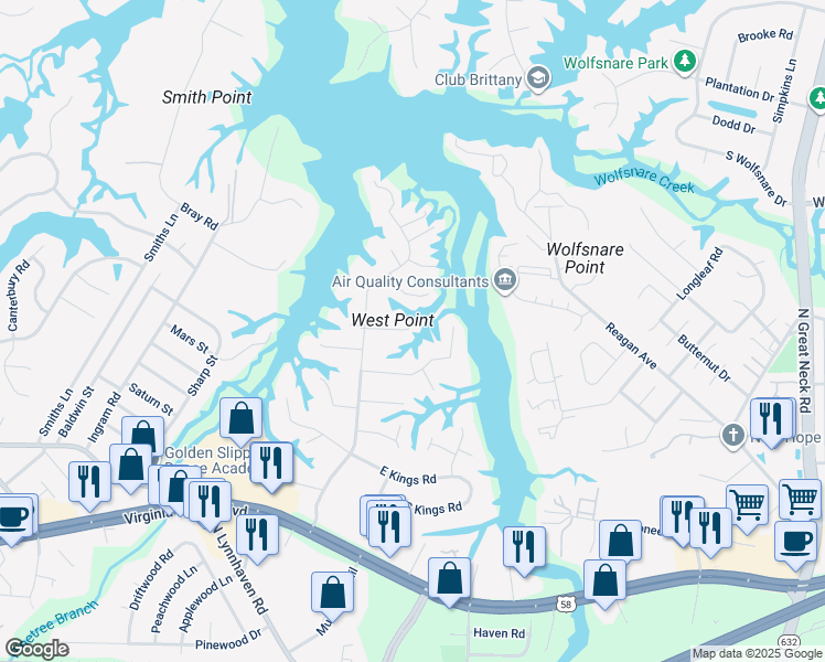 map of restaurants, bars, coffee shops, grocery stores, and more near 2705 Shepherds Quarter in Virginia Beach