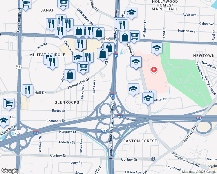 map of restaurants, bars, coffee shops, grocery stores, and more near 509 Yoder Avenue in Norfolk