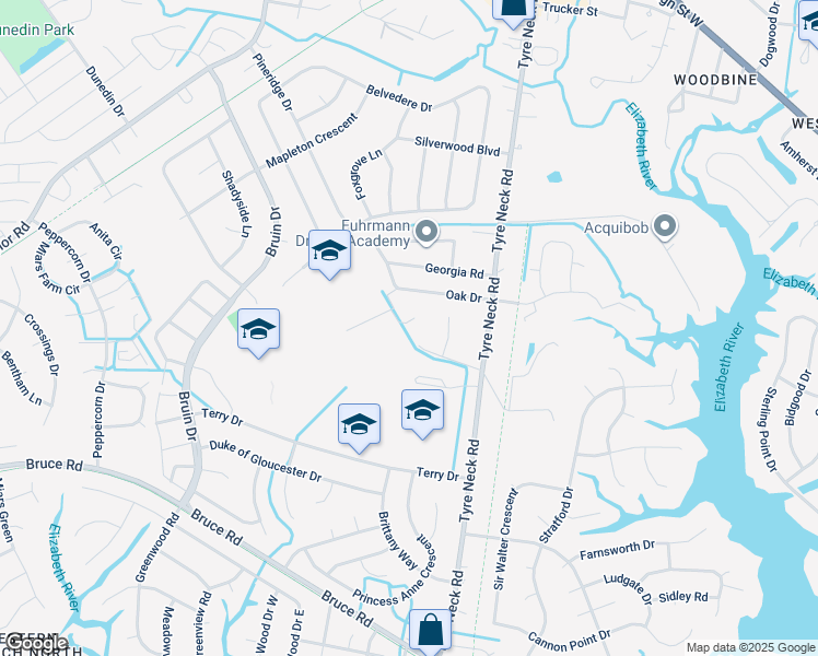map of restaurants, bars, coffee shops, grocery stores, and more near 3111 Woodcroft Lane in Chesapeake