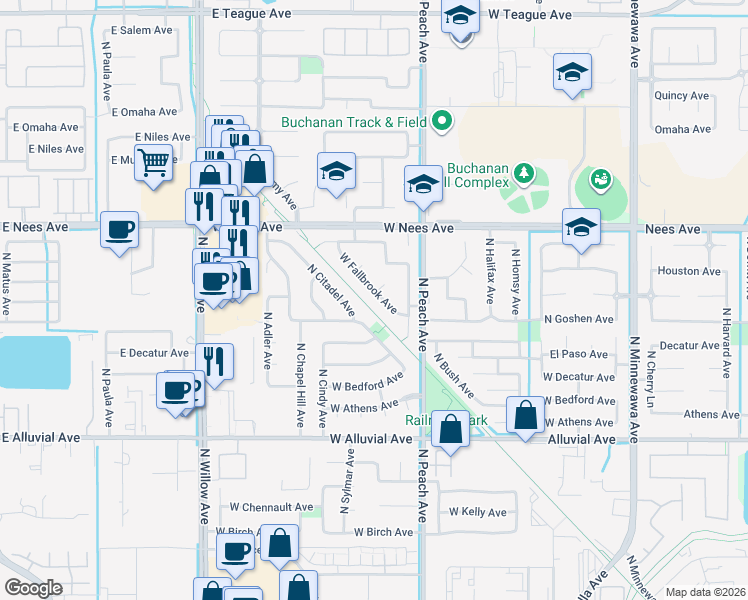 map of restaurants, bars, coffee shops, grocery stores, and more near 989 North Citadel Avenue in Clovis