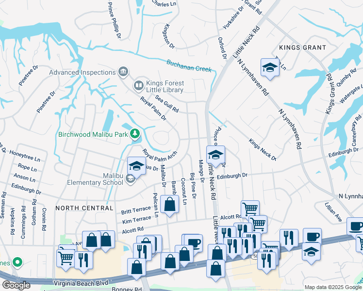 map of restaurants, bars, coffee shops, grocery stores, and more near 3505 Royal Palm Arch in Virginia Beach