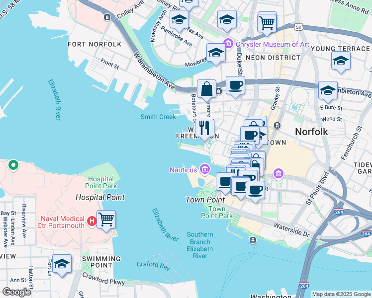 map of restaurants, bars, coffee shops, grocery stores, and more near 305 Brooke Avenue in Norfolk