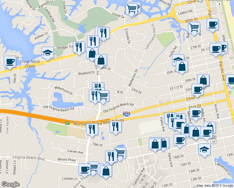 map of restaurants, bars, coffee shops, grocery stores, and more near 533 Pine Tops Court in Virginia Beach