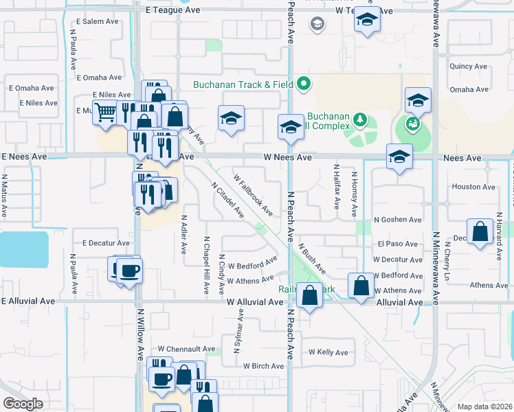map of restaurants, bars, coffee shops, grocery stores, and more near 989 North Citadel Avenue in Clovis