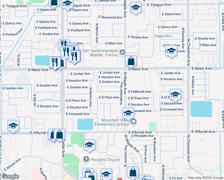 map of restaurants, bars, coffee shops, grocery stores, and more near 1842 East El Paso Avenue in Fresno