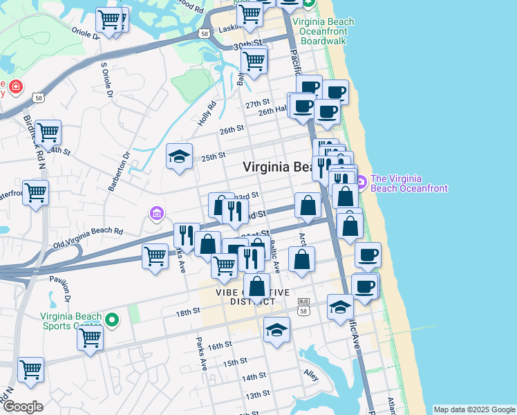map of restaurants, bars, coffee shops, grocery stores, and more near in Virginia Beach