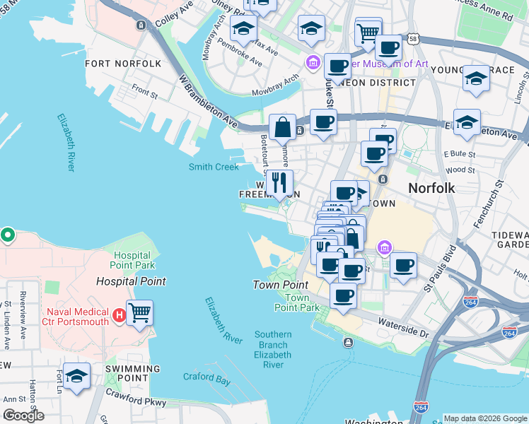 map of restaurants, bars, coffee shops, grocery stores, and more near 1 Waterside Drive in Norfolk