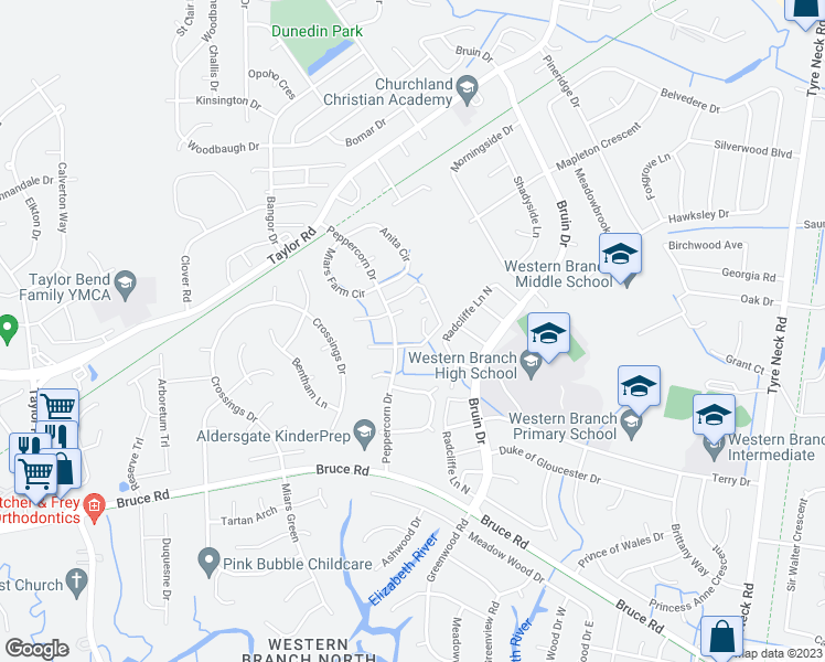 map of restaurants, bars, coffee shops, grocery stores, and more near 3613 Cinnamon Court in Chesapeake