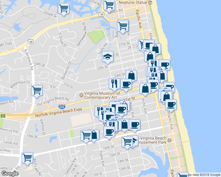 map of restaurants, bars, coffee shops, grocery stores, and more near 548 22nd Street in Virginia Beach