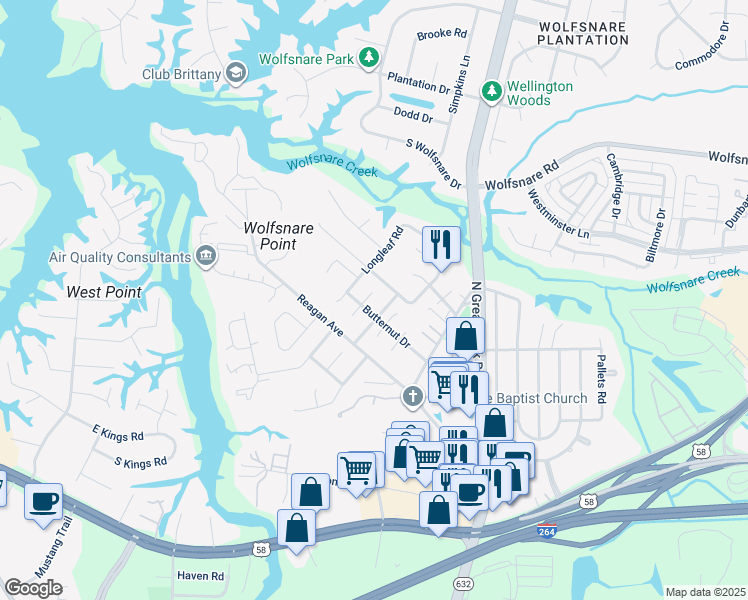 map of restaurants, bars, coffee shops, grocery stores, and more near 426 Burr Oak Court in Virginia Beach