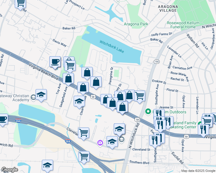 map of restaurants, bars, coffee shops, grocery stores, and more near 325 Harrier Street in Virginia Beach