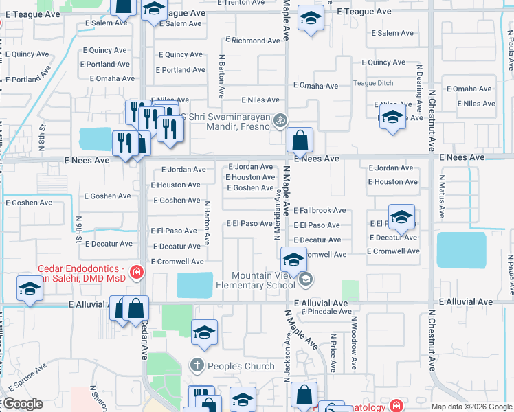 map of restaurants, bars, coffee shops, grocery stores, and more near 1842 East El Paso Avenue in Fresno