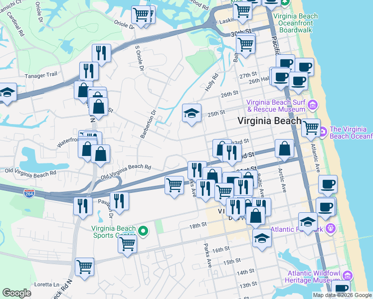map of restaurants, bars, coffee shops, grocery stores, and more near 2200 Parks Avenue in Virginia Beach