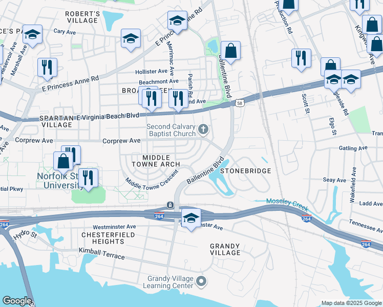 map of restaurants, bars, coffee shops, grocery stores, and more near 2929 Gate House Road in Norfolk