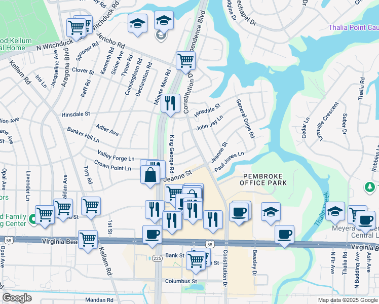 map of restaurants, bars, coffee shops, grocery stores, and more near 4509 John Parker Lane in Virginia Beach