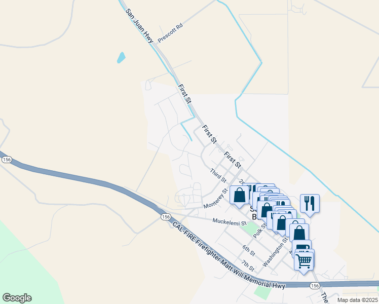 map of restaurants, bars, coffee shops, grocery stores, and more near 1300 Third Street in San Juan Bautista