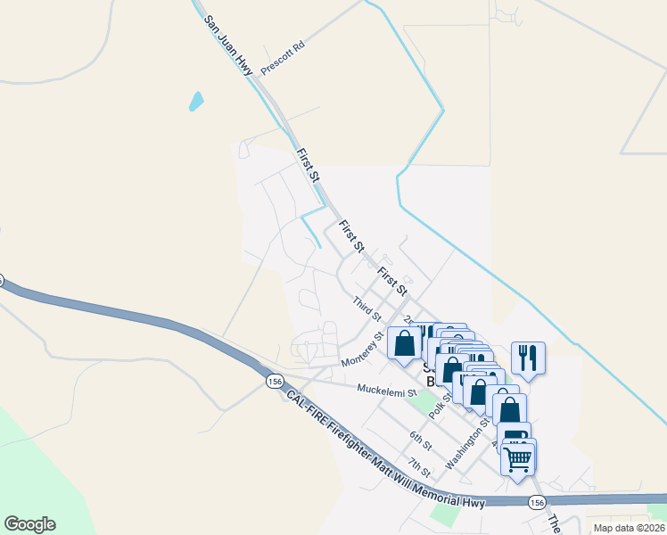 map of restaurants, bars, coffee shops, grocery stores, and more near 2 Donner Street in San Juan Bautista