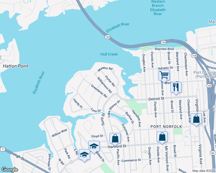 map of restaurants, bars, coffee shops, grocery stores, and more near 207 Williamson Road in Portsmouth